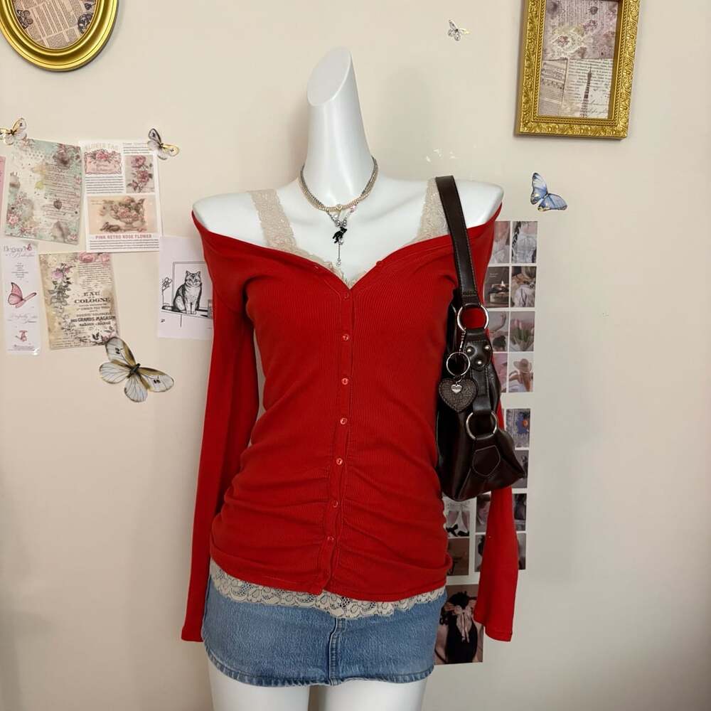 Tee Shop Red Off Shoulder Ribbed Button Down Cardigan Top